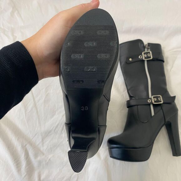 NEW Chunky Gothic Black Faux Leather Platform Buckle Zipper High Heel Boots 7.5 - Picture 4 of 8